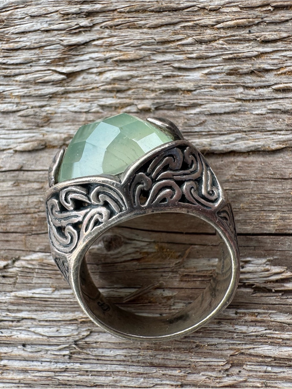 Silver Ring with Faceted Light Green Gemstone. SIZE 9